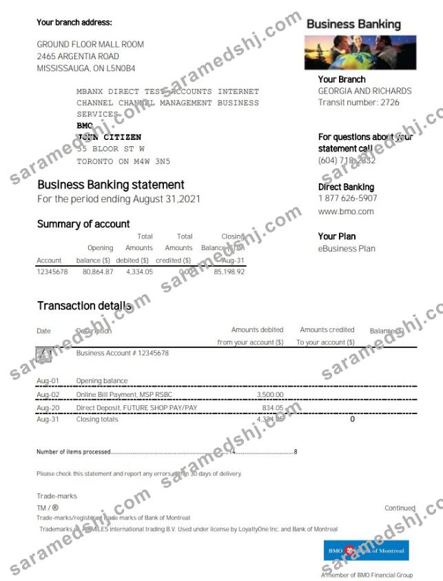 USA BMO Bank of Montreal bank proof of address statement template in Excel and PDF format